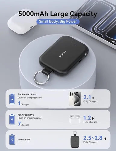 Vista 3 de RORRY Cargador portátil, batería externa de 5000mAh con cables incorporados, paquete de batería de llavero de viaje para iPhone 17/16/15/14/13/12