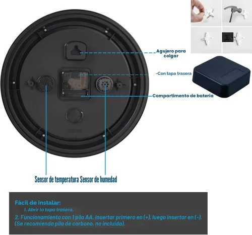 Vista 6 de Reloj de 12 Pulgadas para Exteriores con Termómetro e Higrómetro Combo, Reloj de Pared Impermeable para Interiores y Exteriores para Patio, Piscina