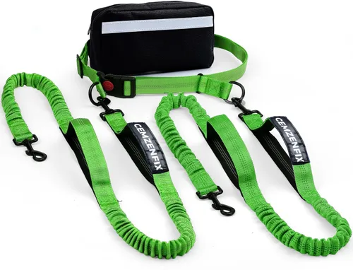Vista 14 de Correa de perro manos libres con cinturón – Bungee sin tirones, asas acolchadas dobles y bolsa con cremallera para correr, caminar y entrenar