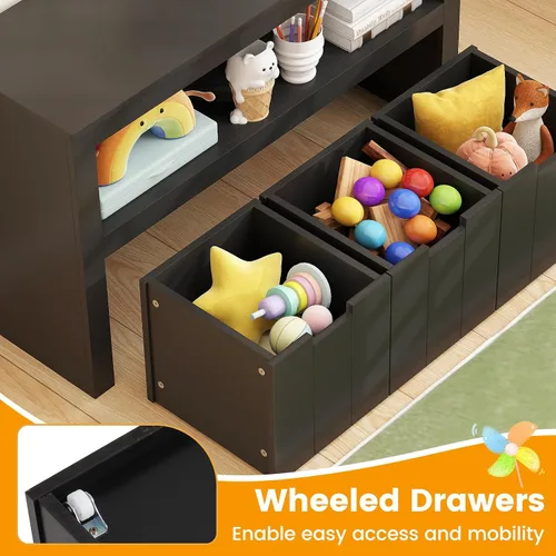Vista 5 de HONEY JOY Organizador de almacenamiento de juguetes para niños, estante de guardería para niños, 3 cajas de juguetes de madera con ruedas, armario