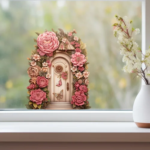 Vista 3 de Peony Flower Garden House - Adhesivo de pared para puerta de hadas