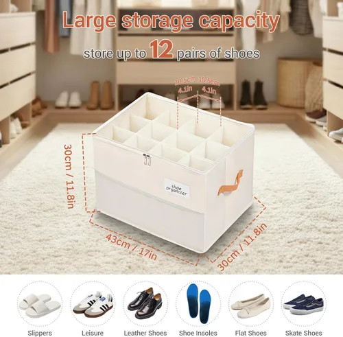 Vista 4 de Organizador de zapatos para armario, contenedores de almacenamiento plegables con cubierta transparente, cremallera suave, asas reforzadas y soporte