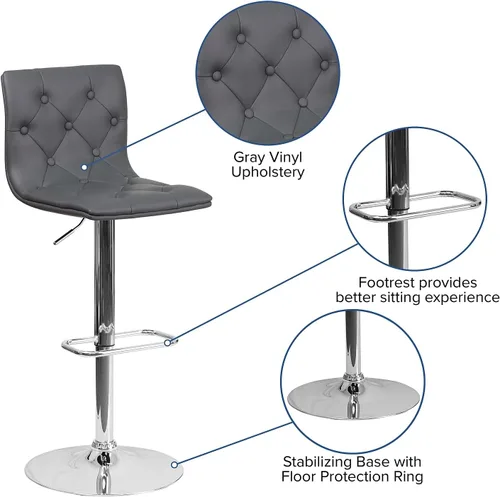 Vista 5 de Flash Furniture Taburete de bar contemporáneo de vinilo gris capitoné con botones y altura ajustable con base cromada