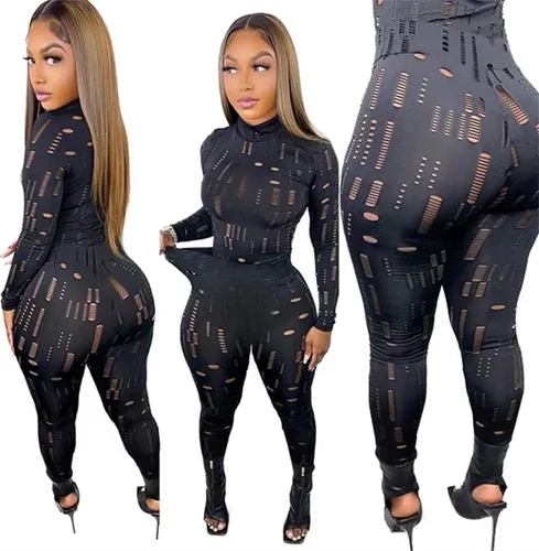 Vista 3 de Conjunto de 2 piezas para mujer, conjunto de blusa de manga larga de malla elástica negra y pantalones ajustados