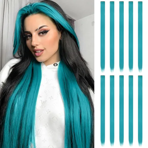 Vista 49 de FESHFEN Juego de 12 extensiones de cabello con clip, color negro, con clip, con purpurina, kit de accesorios coloridos para mujeres, de 20 pulgadas