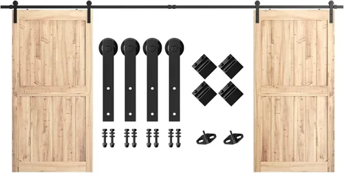 Vista 10 de SMARTSTANDARD Kit de herrajes para puerta corrediza de granero de doble puerta resistente de 5 pies, suave y silencioso, fácil de instalar, incluye