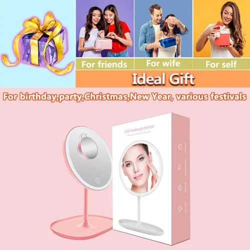 Vista 6 de Espejo LED de maquillaje de viaje con luces, con un mini espejo compacto portátil de tamaño de bolsillo con aumento 5X, base redonda, rosa