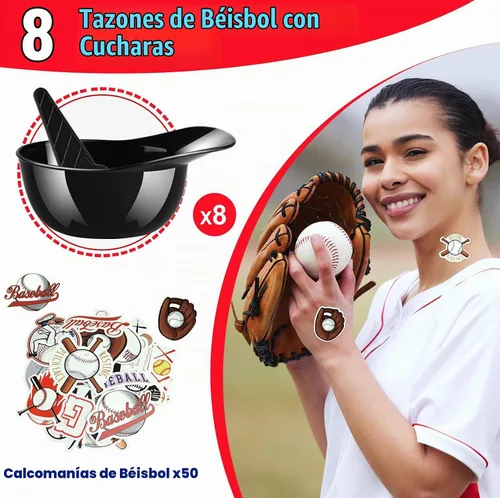 Vista 3 de MEEZY Juego de 16 cuencos de helado con diseño de casco de béisbol con 8 mini tazas de postre y 8 cucharas, 8 onzas. Cuencos reutilizables con Negro