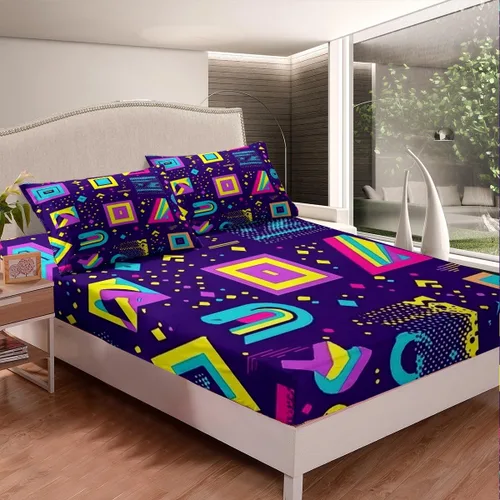 Vista 2 de Juego de sábanas bajeras de estilo retro de los años 80, diseño geométrico abstracto, diseño urbano moderno con círculos y triángulos, colorido arte