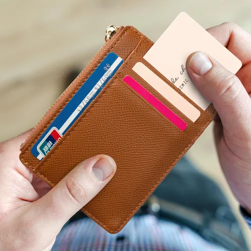 Vista 107 de Tarjetero delgado con bloqueo RFID, billetera de bolsillo pequeño, con cremallera Keychian para monedero, monedero y tarjetero para mujeres y hombres