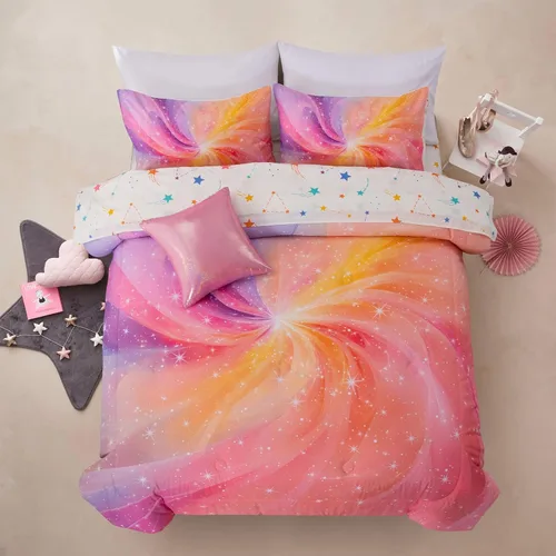Vista 16 de A Nice Night Juego de ropa de cama de 6 piezas con purpurina degradada para niñas, tamaño completo, juego de edredón colorido de galaxia arcoíris