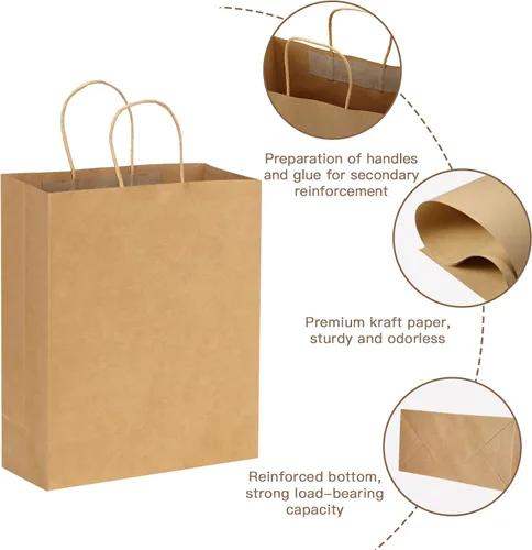 Vista 3 de Moretoes 100 bolsas de papel de regalo de 10 x 5 x 13 pulgadas, bolsas de papel kraft marrón con asas a granel para compras, venta al por menor