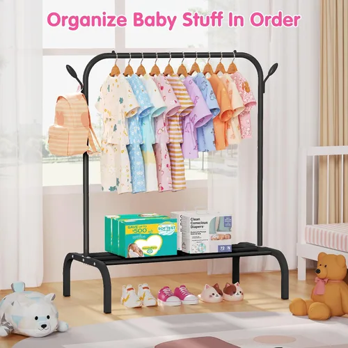 Vista 3 de Perchero Montessori para niños de 3 a 6 años, estante de ropa infantil con estante inferior y ganchos laterales, estante para armario infantil