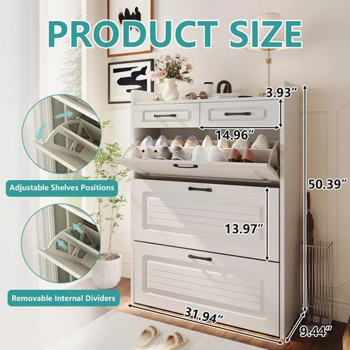 Vista 2 de ODUWA Gabinete para zapatos con 3 cajones abatibles y 2 cajones de almacenamiento, fácil de guardar de 18 a 25 pares de zapatos, gabinete de zapatos