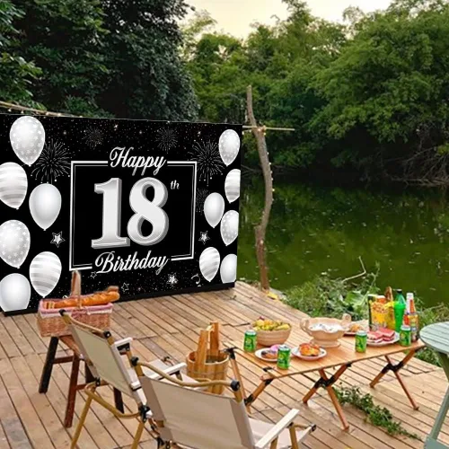 Vista 6 de Cartel de fondo de cumpleaños número 18, decoración de fiesta plateada y negra para niños y niñas, fondo de cabina de fotos