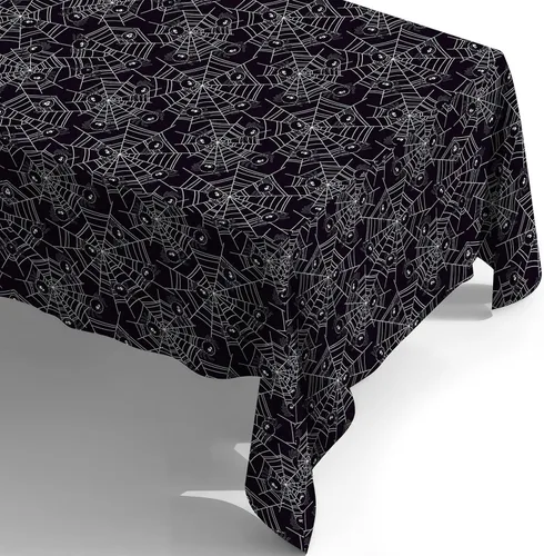 Vista 7 de ATFUNSHOP Mantel de plástico de Halloween, 4 unidades, 54 x 108 pulgadas, mantel rectangular desechable, tela de araña negra, impermeable, a prueba