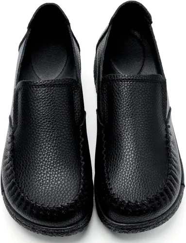 Vista 3 de UZB Mocasines de cuero sin cordones para mujer, cómodos zapatos de plataforma casuales