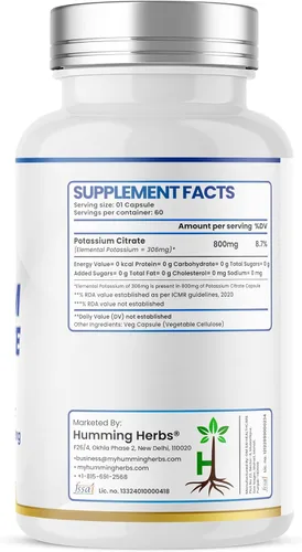Vista 2 de Citrato de potasio 800 mg (306 mg de potasio elemental) – electrolitos y apoyo para el equilibrio del pH – vegano, sin OMG – 60 cápsulas