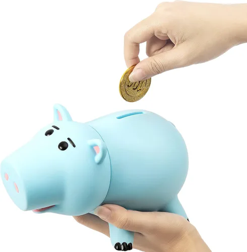 Vista 6 de Hucha Hamm, bonita alcancía de plástico para niños y niñas, banco de dinero irrompible para regalo para niños (azul)