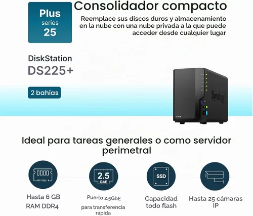 Vista 4 de Synology DiskStation DS225+ de 2 bahías (sin disco)