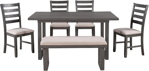Vista 9 de Quarte Juego de mesa de comedor de 6 piezas, juego de mesa rectangular de madera rústica con 4 sillas y banco, perfecto para cocina y familia