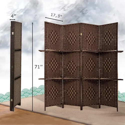 Vista 7 de FDW Divisor de habitación de 4 paneles, pantalla de madera plegable, portátil, con estantes de almacenamiento extraíbles, color marrón