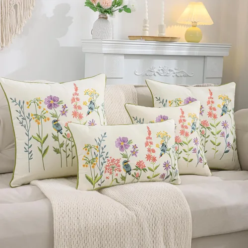 Vista 8 de Juego de 2 fundas de almohada bordadas de 16 x 16 pulgadas, diseño vintage de pájaros con flores, fundas de almohada de granja para almohada, fundas