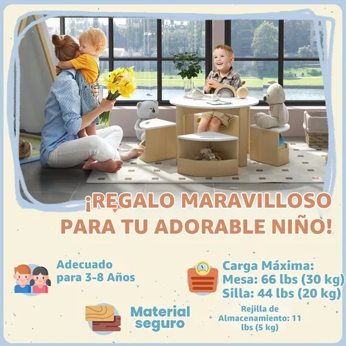 Vista 6 de Qaba Juego de mesa y sillas para niños pequeños, 5 piezas, mesa redonda de Almacenamiento, Juego, Arte, Manualidades, Dibujo, Sala de juegos, Aula