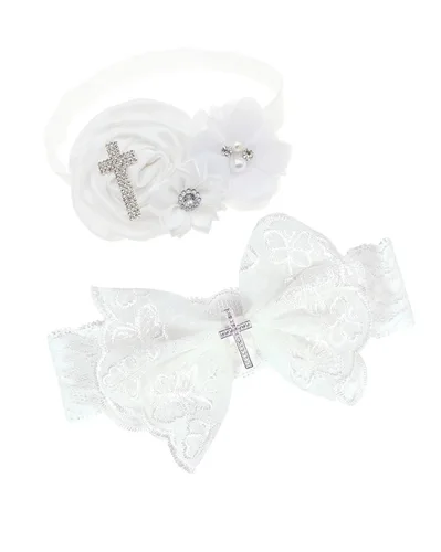 Vista 13 de BBTDIN Diademas de bautizo para bautizo para bebés y niñas, con encaje de flores, lazo blanco BBG11 (B1-Bow con cruz)