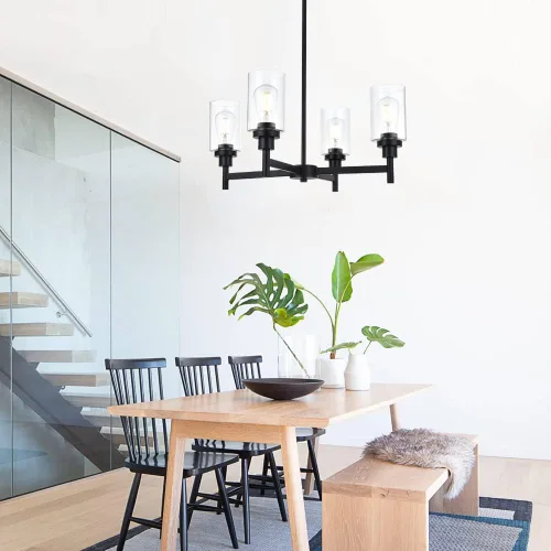 Vista 2 de Lámpara de araña de cristal de 4 luces estilo granja, negra, para cocina, iluminación colgante con cilindro de cristal transparente para comedor