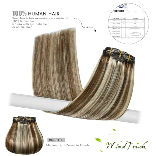 Vista 45 de WindTouch - Extensiones de cabello humano real con clip, color marrón claro a rubio con reflejos #6P613, 22 pulgadas, 4.33 onzas, 7 piezas #6p613