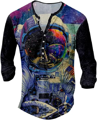 Vista 28 de MARSVOVO Camisetas Henley para hombre, camisetas gráficas artísticas, cuello en V, sin cuello, manga larga, casual, ajustadas, camisas