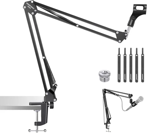 Vista 11 de Neewer: Micrófono ajustable de Suspension Boom Scissor Arm Stand, soporte de micrófono compacto de acero durable para estaciones de radio estudio