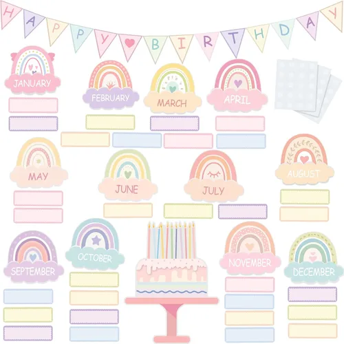 Vista 8 de 60 Piezas de Decoración Bohemia para Aula, Juego de Decoraciones para Tablón de Anuncios de Cumpleaños, Decoración de Tablón de Anuncios Arcoíris