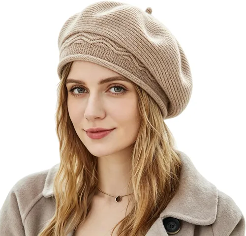 Vista 11 de Sombrero boina para mujer, estilo francés, forro de lana cálido, boina de invierno, moda, gorro tejido de punto Beige