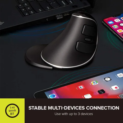 Vista 6 de DeLUX Mouse ergonómico inalámbrico con 4000 DPI, mouse vertical con receptor USB y BT1 + BT2, 6 botones y reposamanos extraíble para computadora
