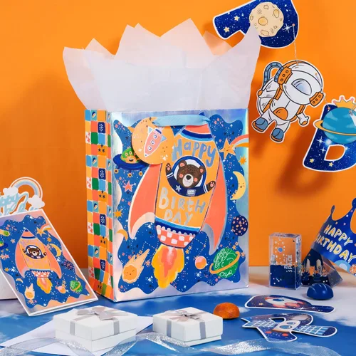 Vista 6 de LeZakaa Bolsa de regalo de cumpleaños de 13 pulgadas, bolsa de regalo mediana de papel de aluminio metálico con papel de seda, etiqueta de regalo