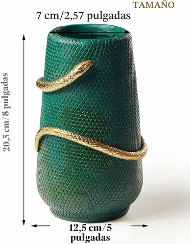 Vista 6 de Florero de 8 pulgadas verde y dorado con serpientes para decoración, florero único para estantería, mesa de comedor, sala de estar, repisa