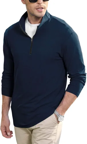 Vista 4 de PICKLION Men Long Sleeve Sweatshirts Stand Collar Vertical Striped Quarter Zip Thermal Pullover Sweaters