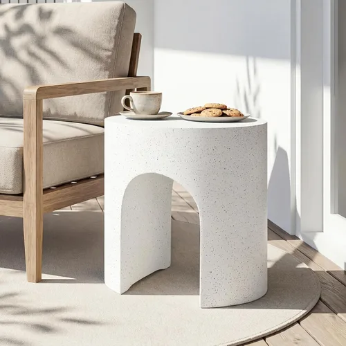 Vista 8 de SUNBURY Mesa auxiliar de hormigón al aire libre, mesa auxiliar redonda de patio de 16 pulgadas de ancho con forma de arco Mesa decorativa