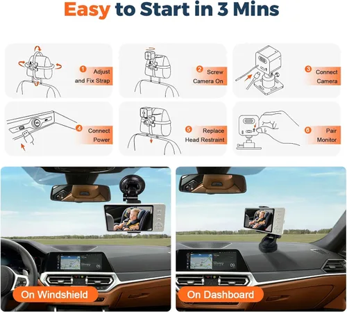 Vista 5 de Cámara inalámbrica para automóvil de bebé con HD 1080P IPS de 5 pulgadas, monitor de asiento trasero giratorio de 360° alimentado por USB