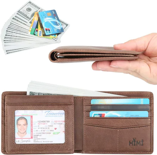 Vista 2 de Cartera de piel auténtica para hombre con bloqueo RFID billetera elegante con 2 ventanas de identificación