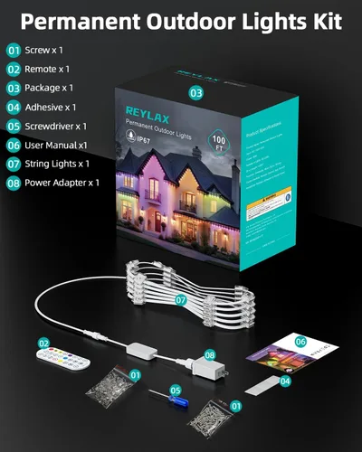 Vista 9 de REYLAX Luces permanentes para exteriores de 100 pies con 60 luces LED, luces de alero RGB+IC, IP67 impermeable, múltiples escenas para decoración