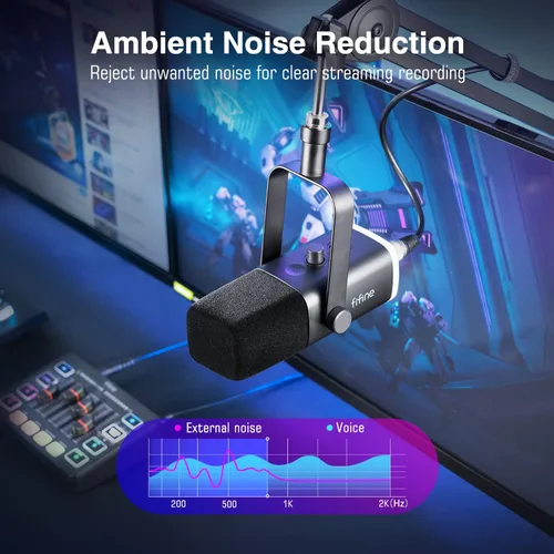 Vista 5 de FIFINE Micrófono XLRUSB y auriculares para videojuegos, grabación de computadora, micrófono de transmisión con botón de silencio, RGB, auriculares