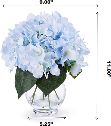 Vista 4 de Arreglo de flores de hortensias de seda artificial mixta en jarrón de vidrio transparente para decoración de boda del hogar (azul)