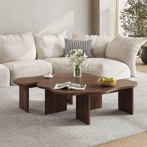 Vista 5 de Mesa de centro irregular 2 en 1 para sala de estar, mesas modernas de mediados de siglo para espacios pequeños, juego de mesa auxiliar modular