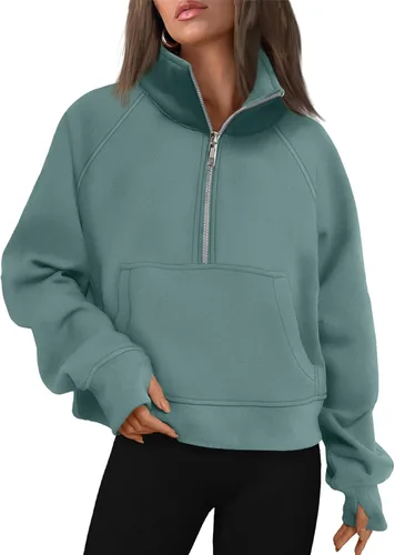 Vista 33 de AUTOMET Sudaderas con media cremallera para mujer, sudadera corta de vellón con cremallera de un cuarto, sudaderas con capucha para el otoño, a