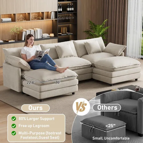Vista 6 de Sofá de nube en forma de U de 114 pulgadas, sofás seccionales de gran tamaño para sala de estar, sofá modular grande de terciopelo con otomana