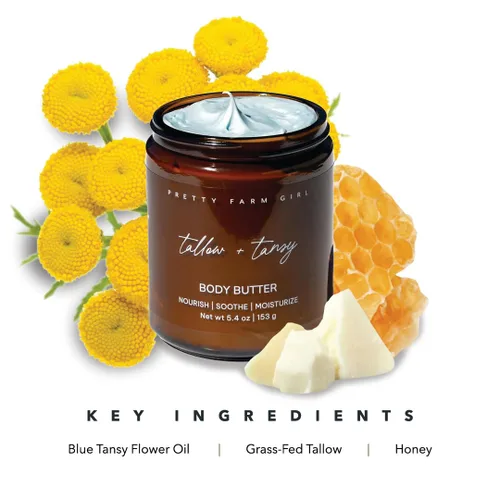 Vista 4 de Pretty farm girl Tallow + Tansy Body Butter - Hidratante batido con hierba seca alimentada con pasto y tanaceto azul - Hidratación no grasa