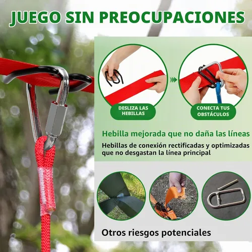 Vista 3 de Dripex Carrera de obstáculos Ninja Warrior para niños, líneas de holgura de 2 x 50 pies para patio trasero con 8 accesorios ninja, barra de mono